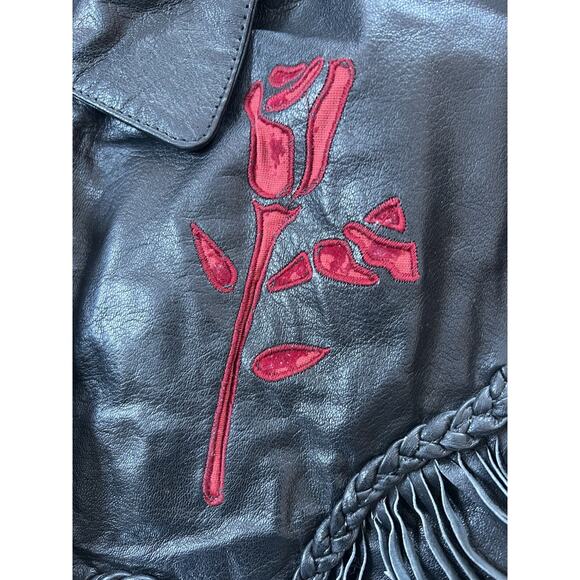 Vintage Addis Biker Fringe Leather Jacket Velvet Cut Out Rose Conchos Womens 16 - Picture 6 of 12